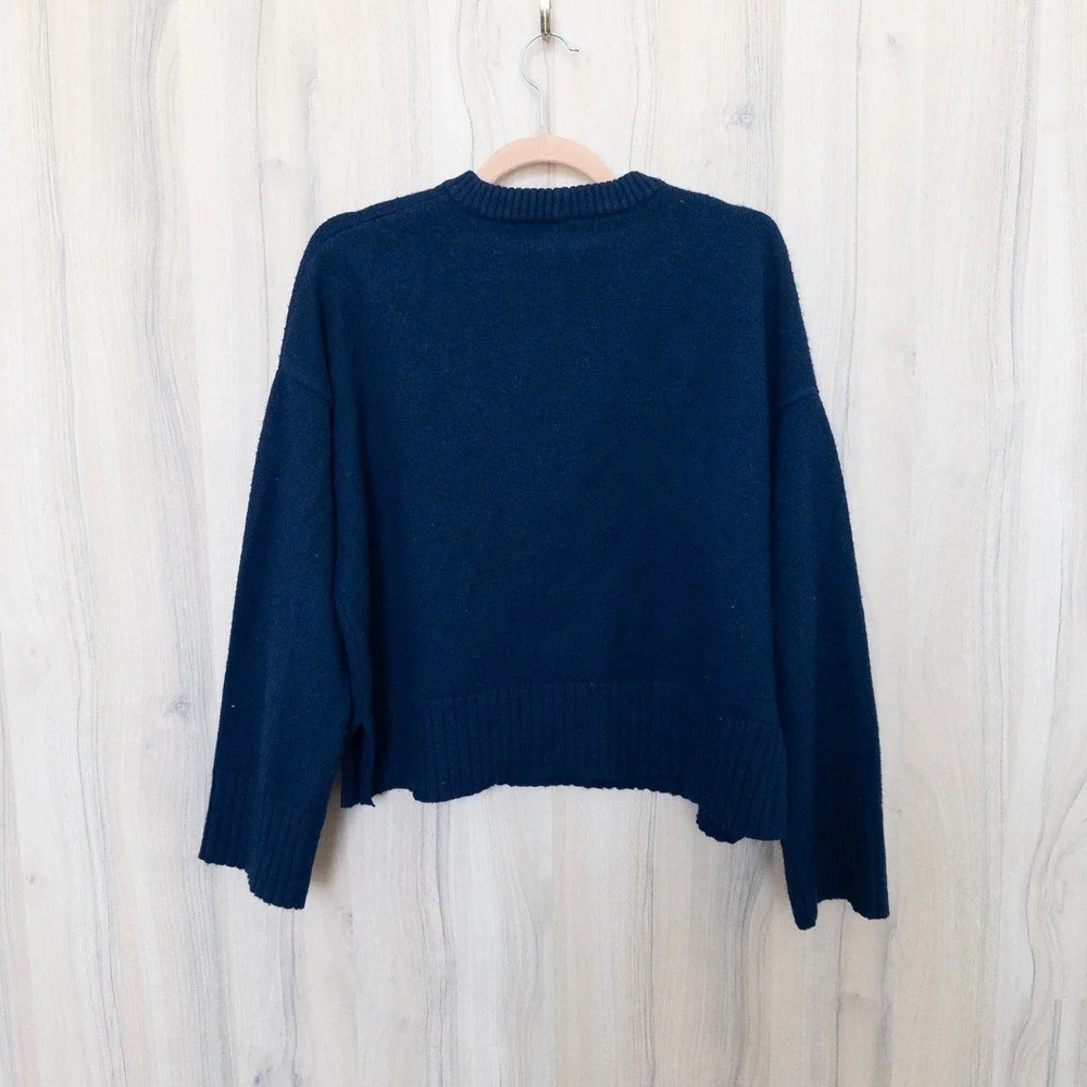 Womens Wool‎ Sweater Small Navy Crewneck Oversized Cropped Boxy Preppy Classic